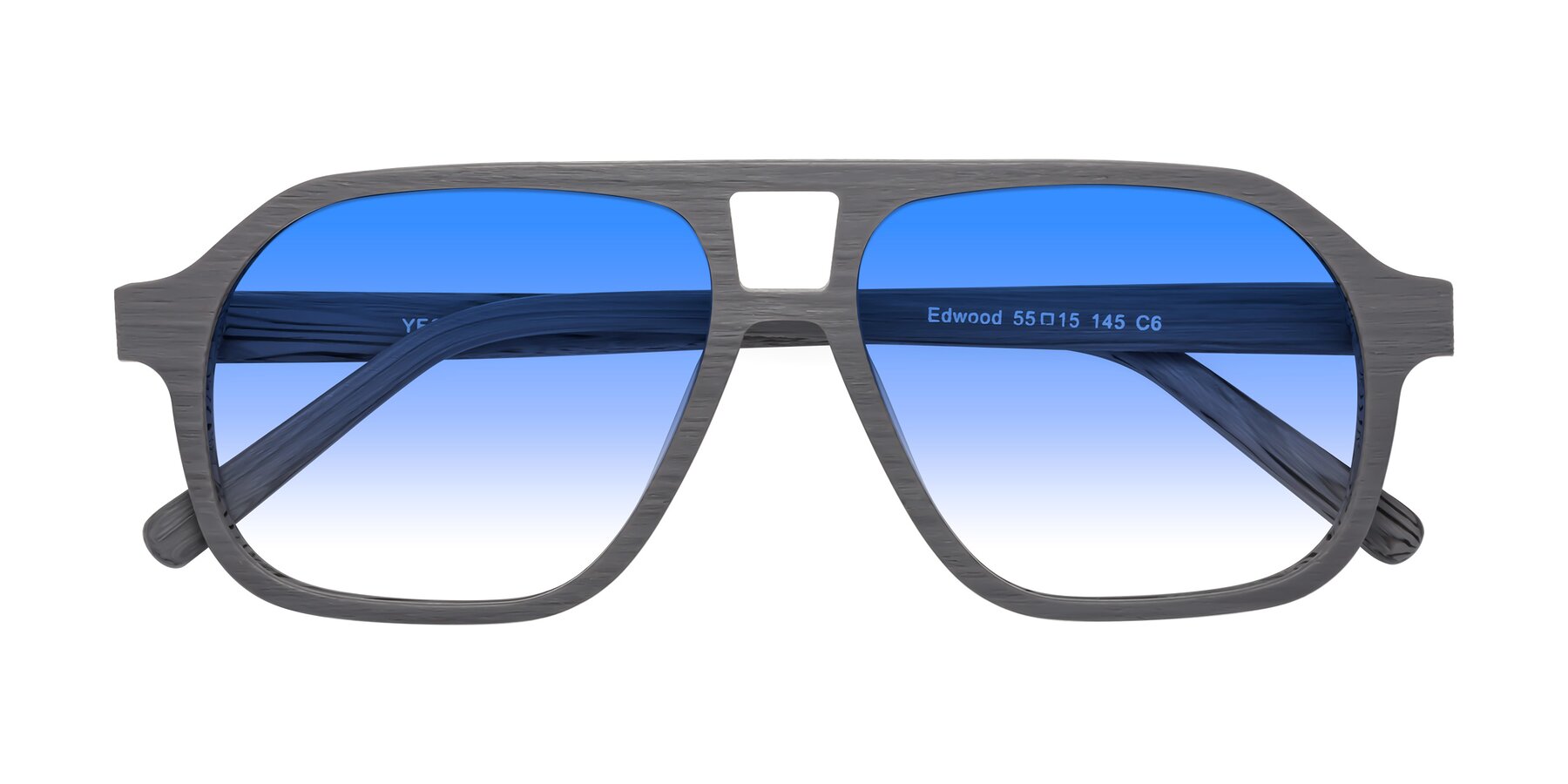 Folded Front of Edwood in Cement Woodgrain with Blue Gradient Lenses