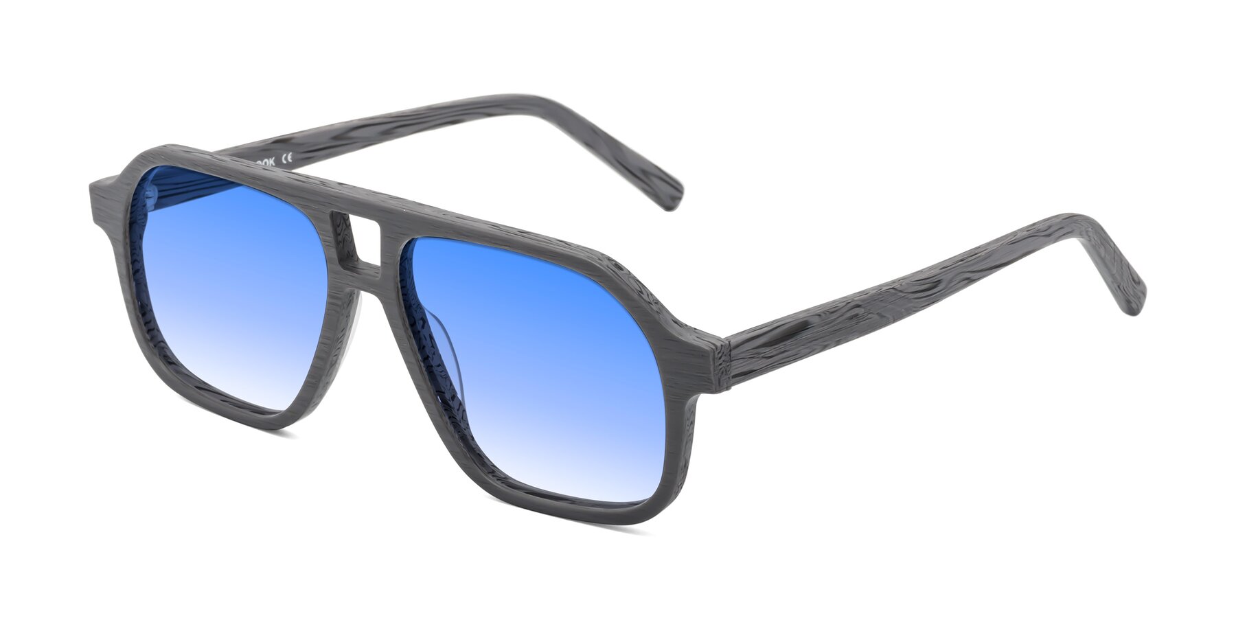 Angle of Edwood in Cement Woodgrain with Blue Gradient Lenses