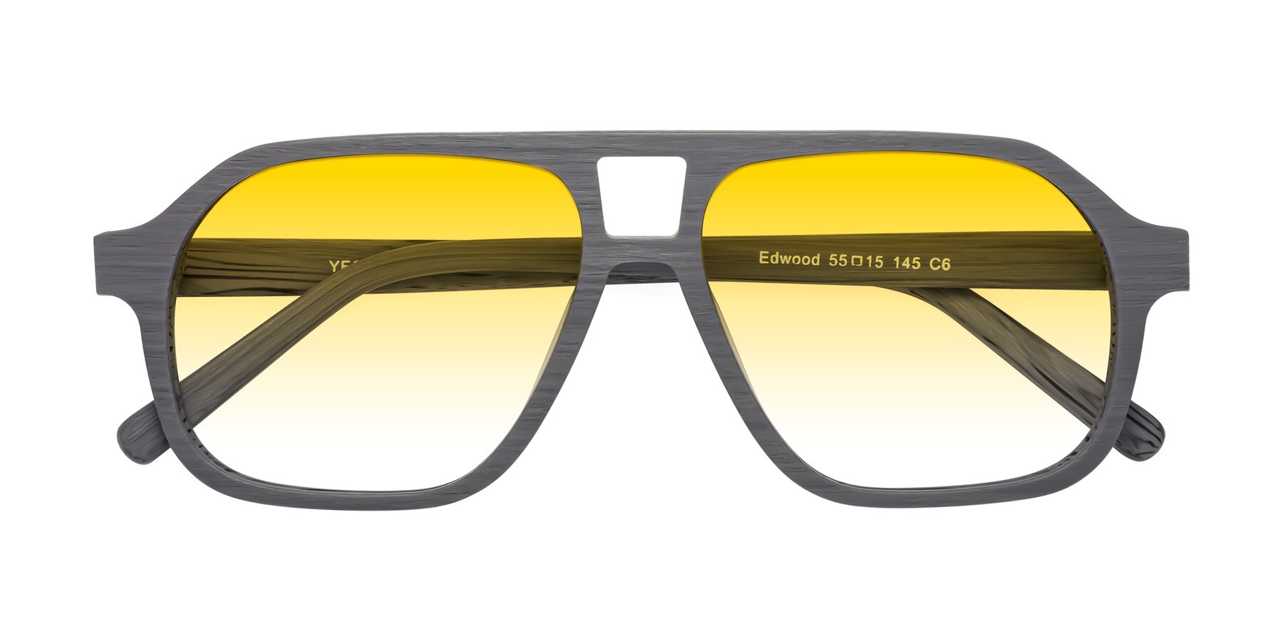 Folded Front of Edwood in Cement Woodgrain with Yellow Gradient Lenses