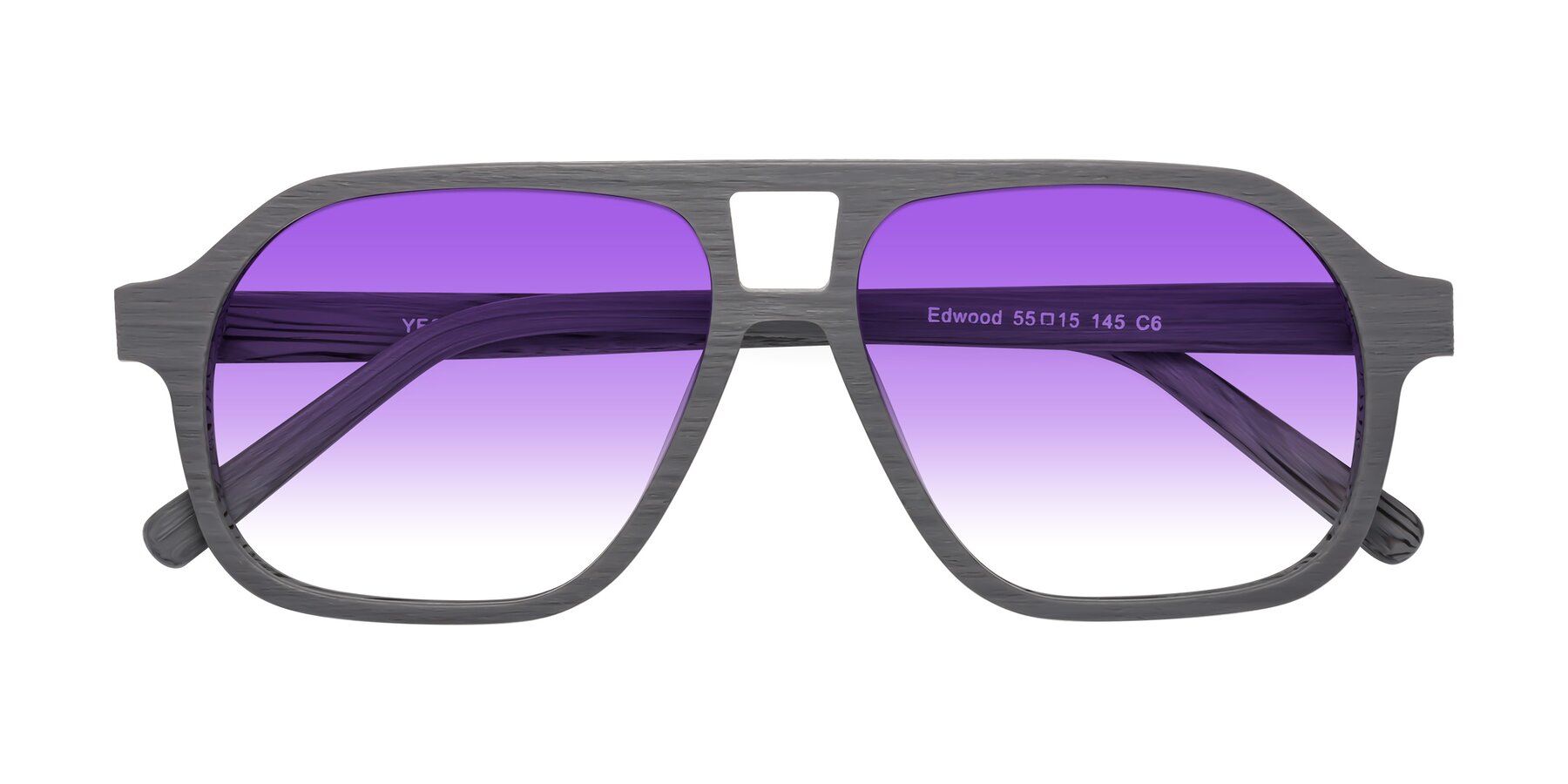 Folded Front of Edwood in Cement Woodgrain with Purple Gradient Lenses