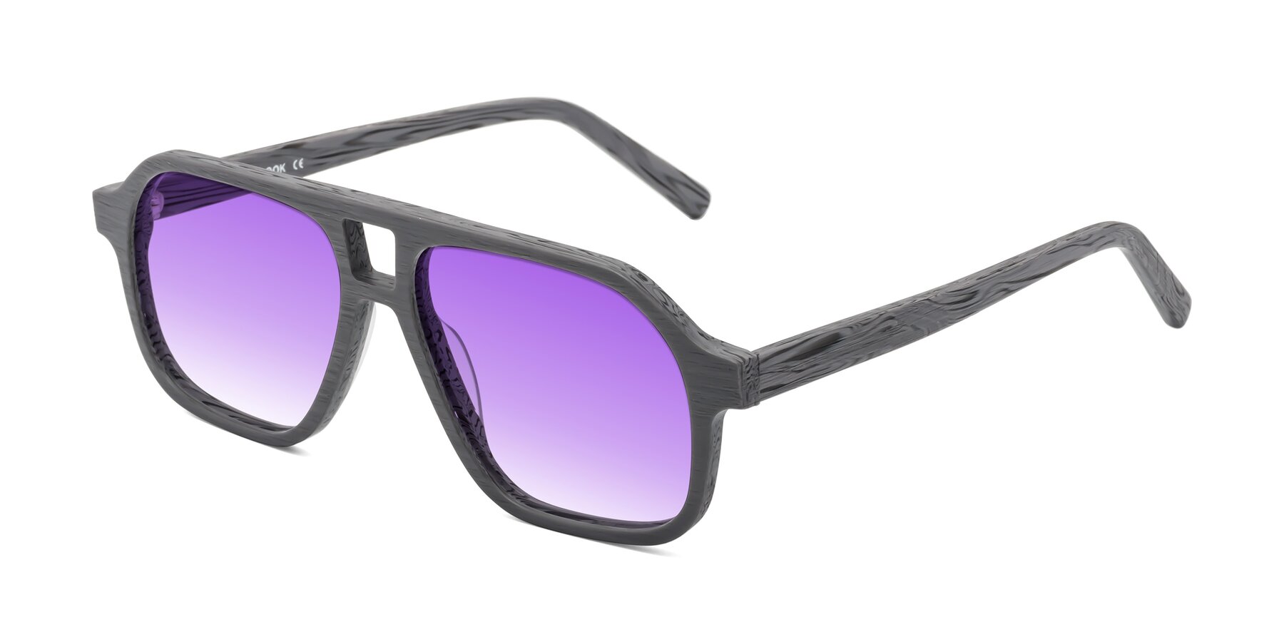 Angle of Edwood in Cement Woodgrain with Purple Gradient Lenses