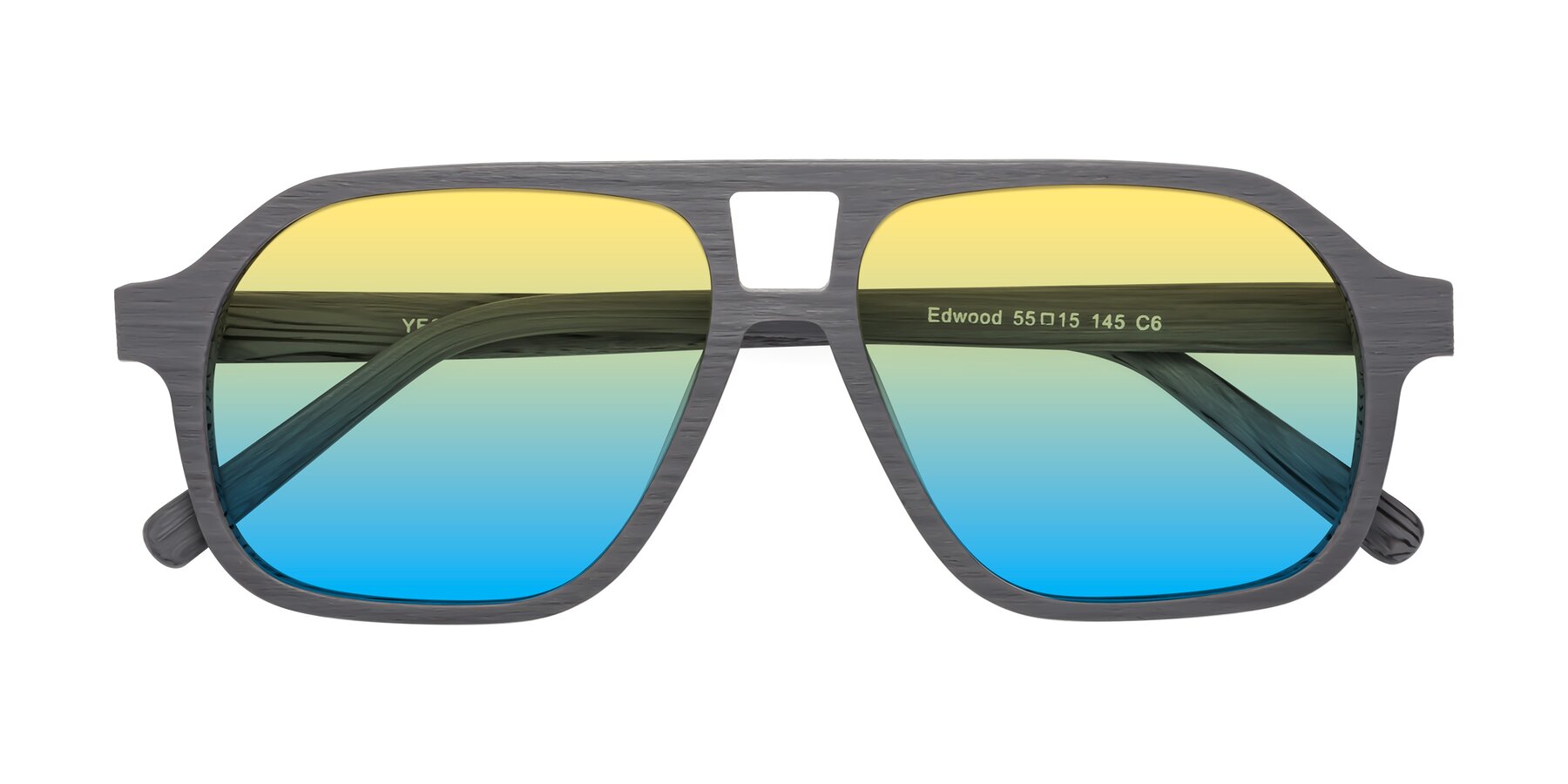 Folded Front of Edwood in Cement Woodgrain with Yellow / Blue Gradient Lenses