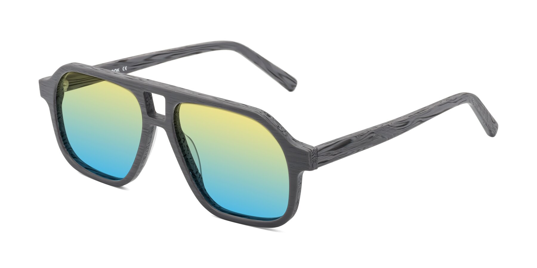 Angle of Edwood in Cement Woodgrain with Yellow / Blue Gradient Lenses