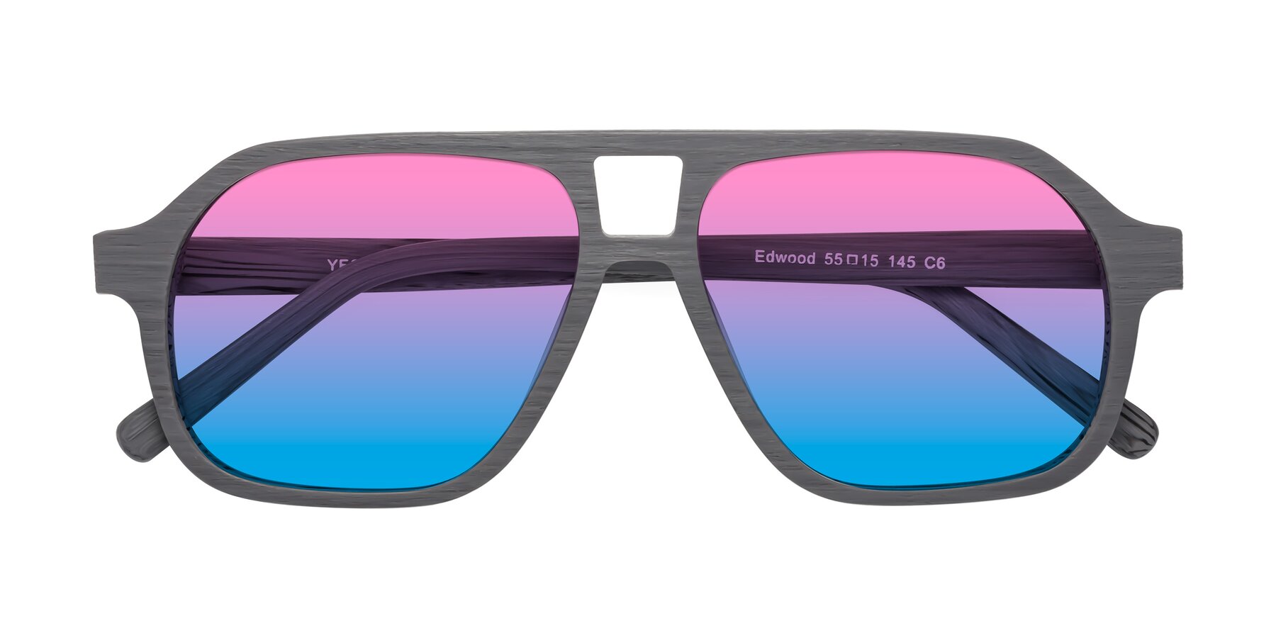 Folded Front of Edwood in Cement Woodgrain with Pink / Blue Gradient Lenses