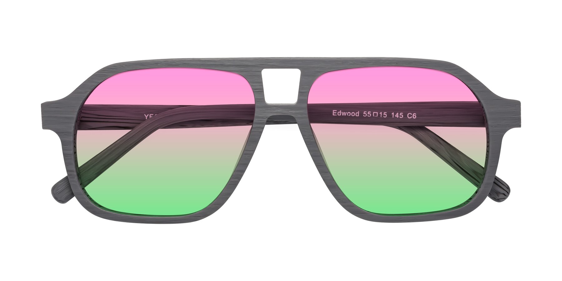 Folded Front of Edwood in Cement Woodgrain with Pink / Green Gradient Lenses