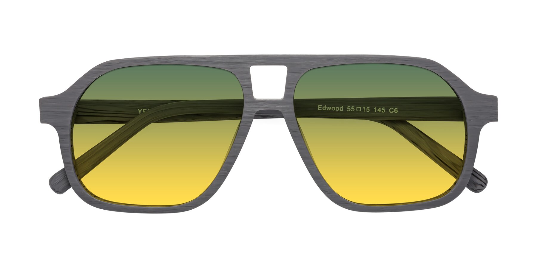 Folded Front of Edwood in Cement Woodgrain with Green / Yellow Gradient Lenses