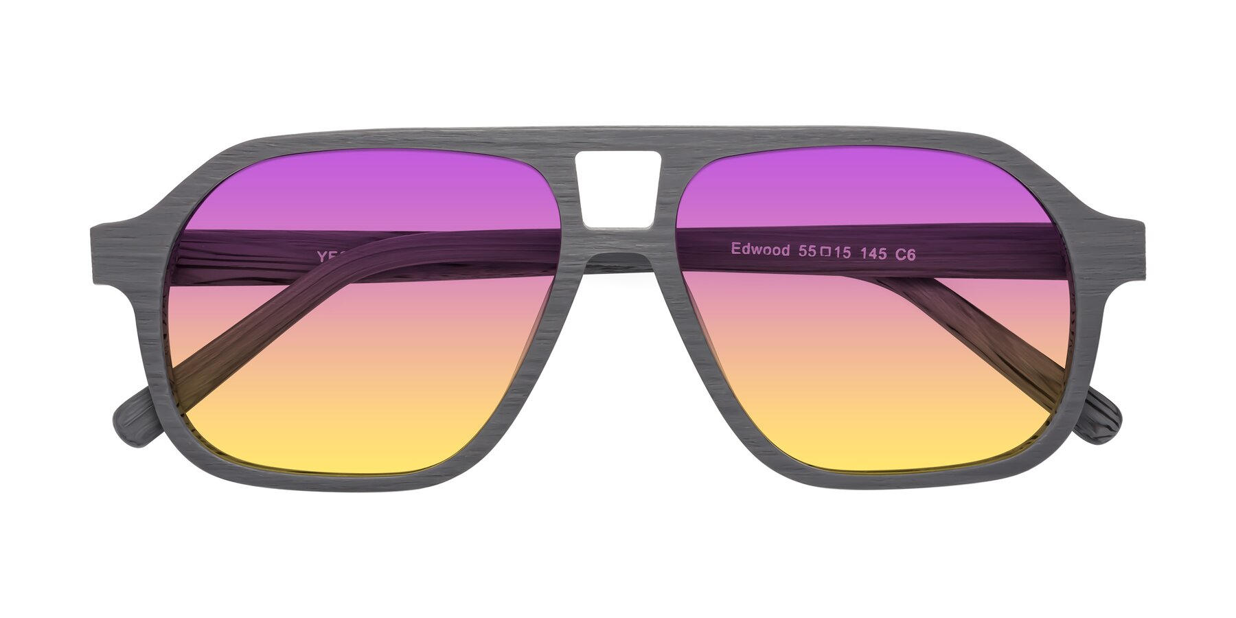 Folded Front of Edwood in Cement Woodgrain with Purple / Yellow Gradient Lenses