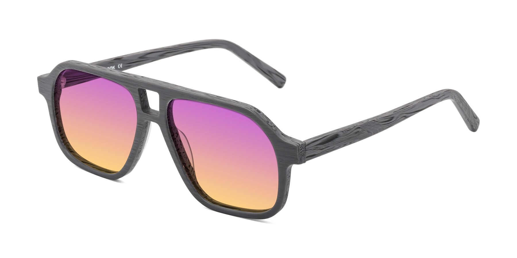 Angle of Edwood in Cement Woodgrain with Purple / Yellow Gradient Lenses