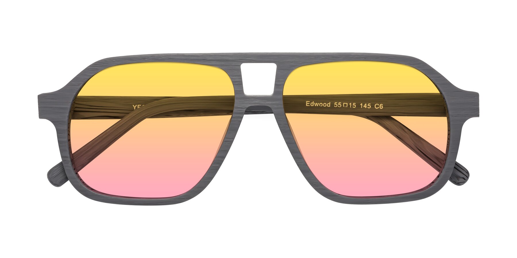 Folded Front of Edwood in Cement Woodgrain with Yellow / Pink Gradient Lenses