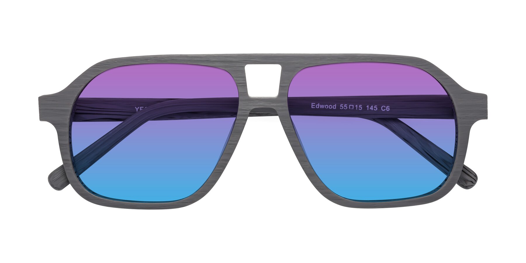 Folded Front of Edwood in Cement Woodgrain with Purple / Blue Gradient Lenses