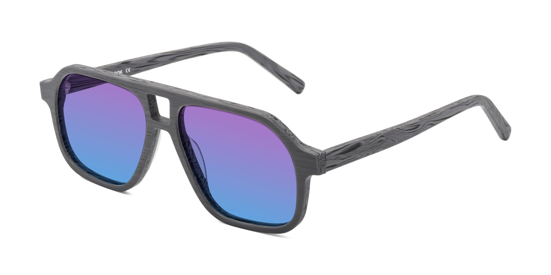 Angle of Edwood in Cement Woodgrain with Purple / Blue Gradient Lenses