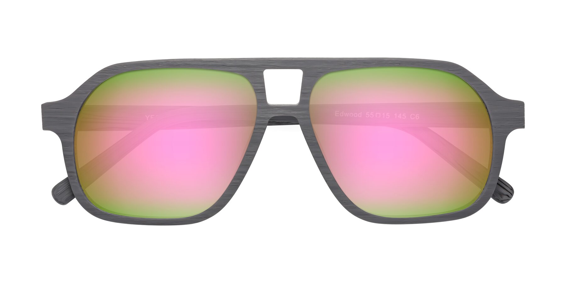 Folded Front of Edwood in Cement Woodgrain with Pink Mirrored Lenses