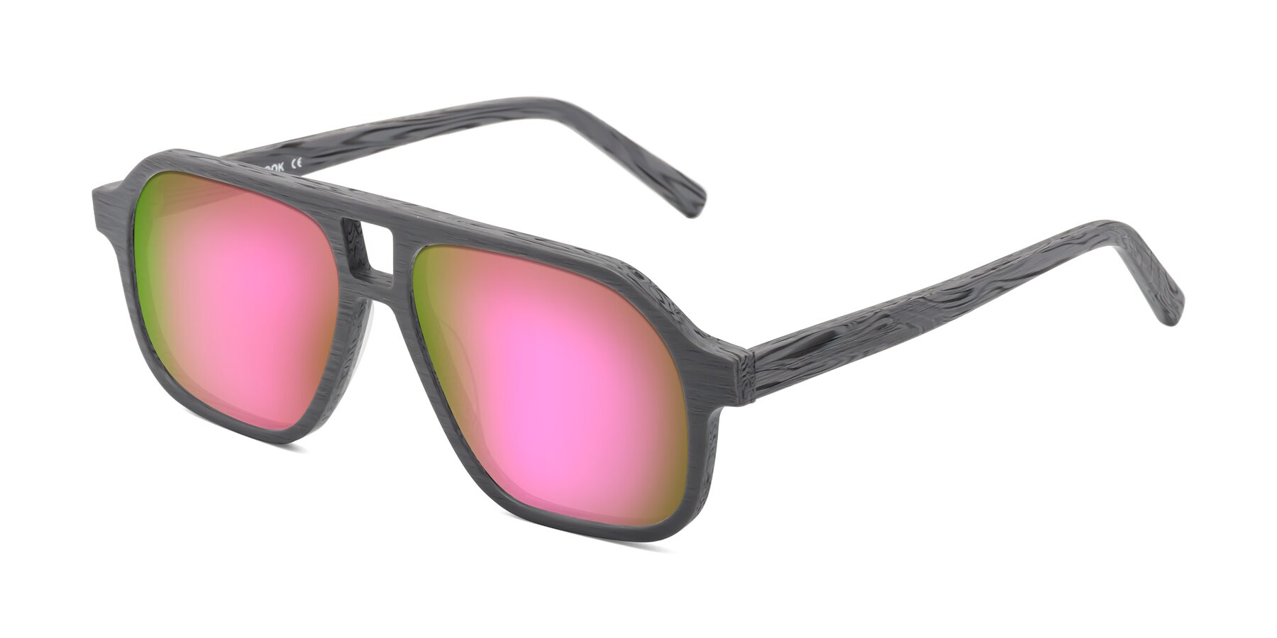 Angle of Edwood in Cement Woodgrain with Pink Mirrored Lenses