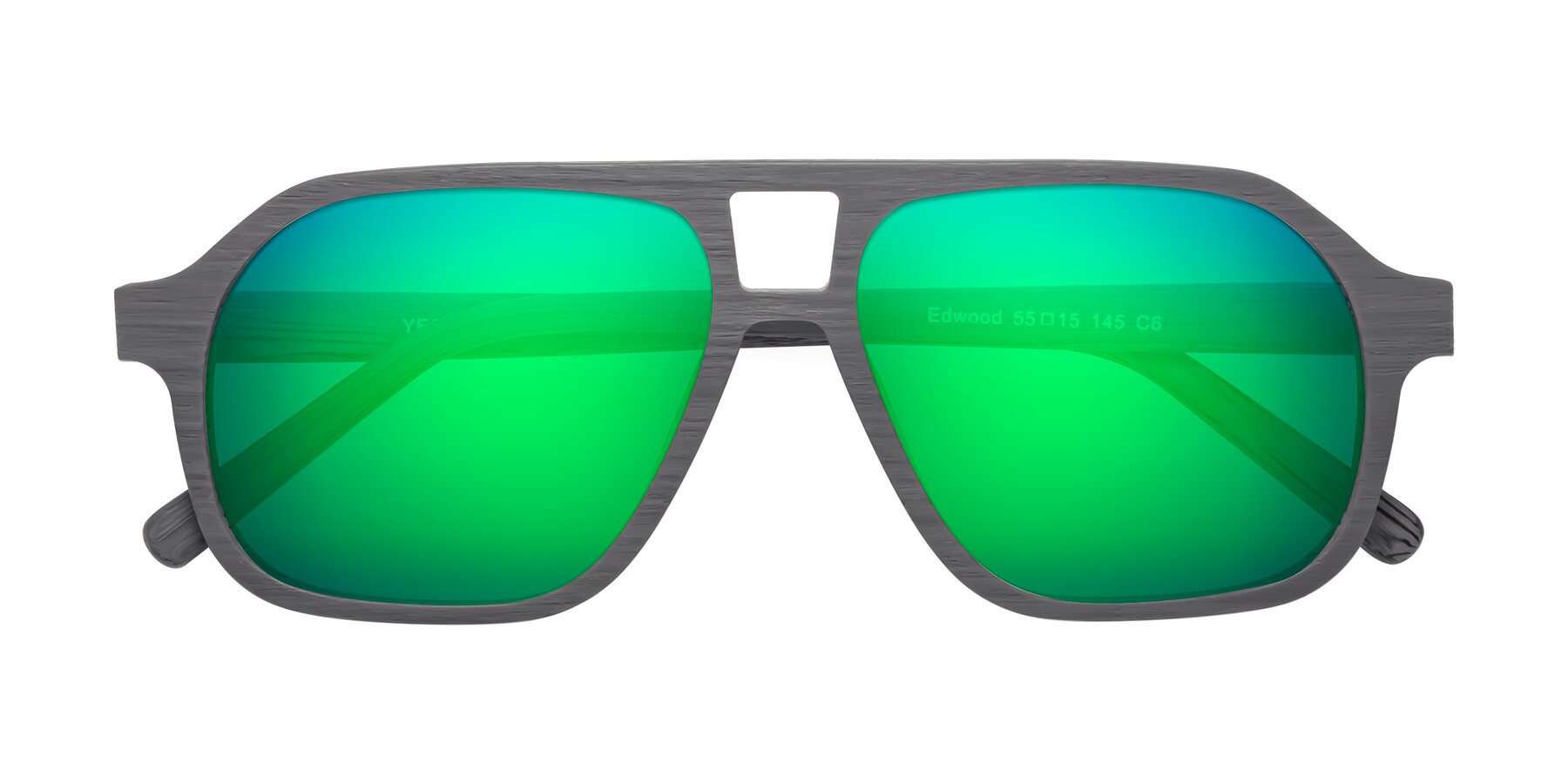 Folded Front of Edwood in Cement Woodgrain with Green Mirrored Lenses