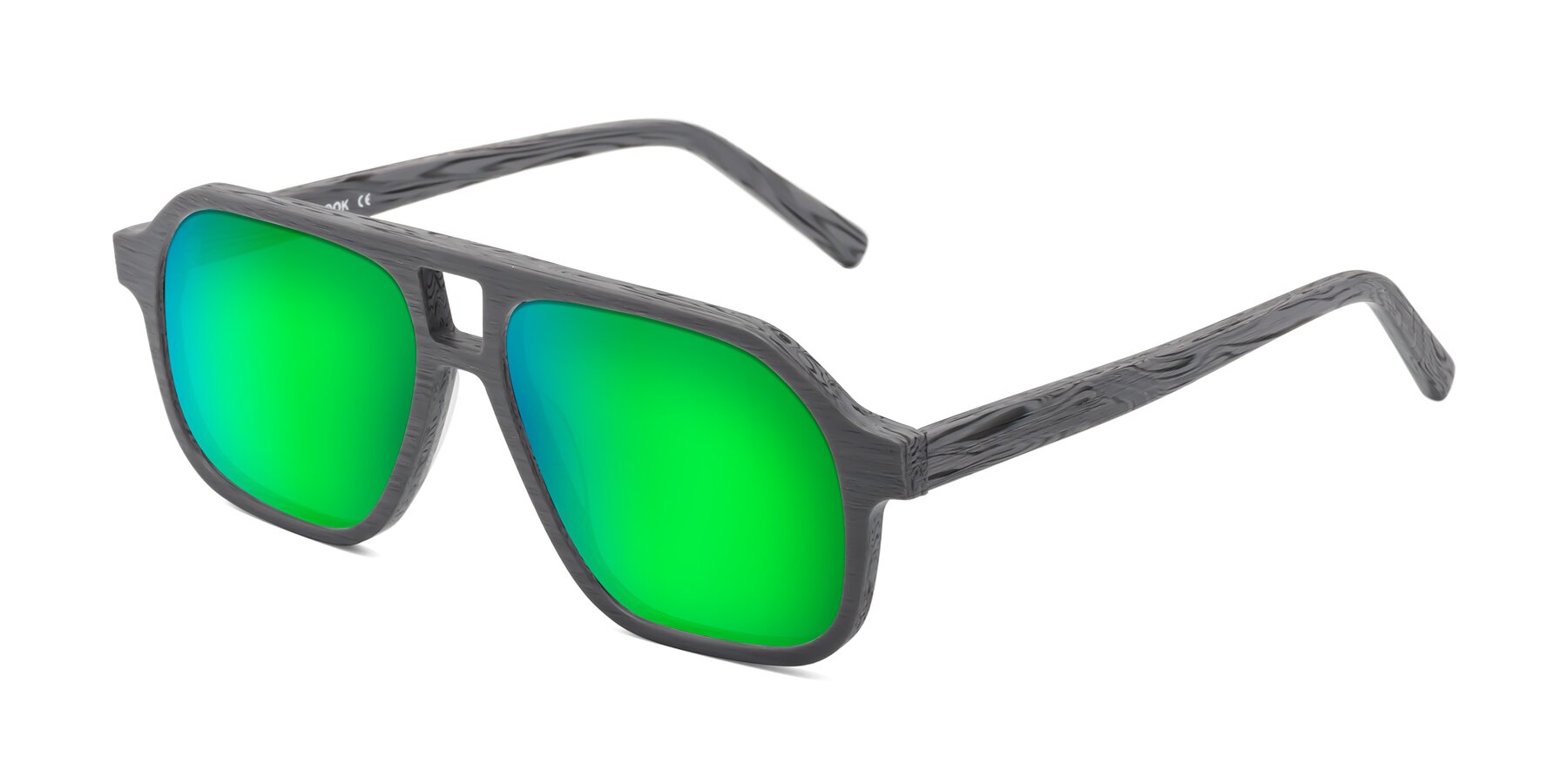 Angle of Edwood in Cement Woodgrain with Green Mirrored Lenses