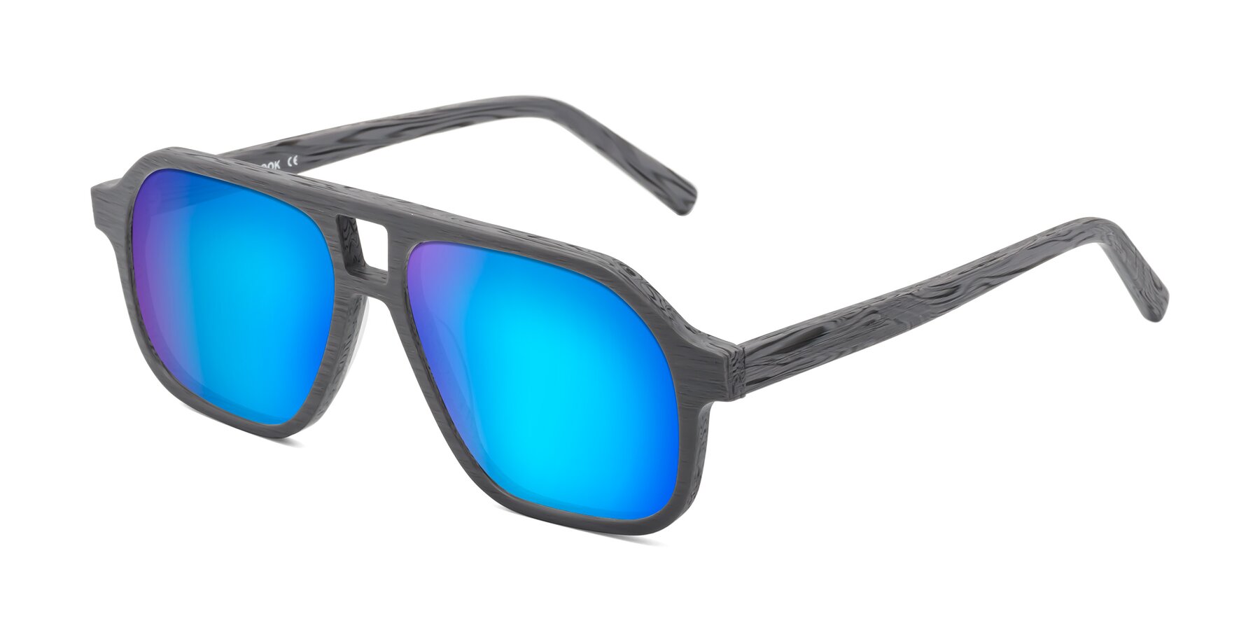 Angle of Edwood in Cement Woodgrain with Blue Mirrored Lenses