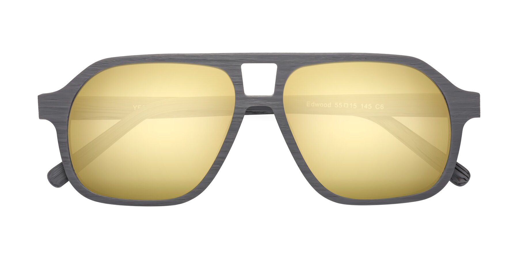 Folded Front of Edwood in Cement Woodgrain with Gold Mirrored Lenses