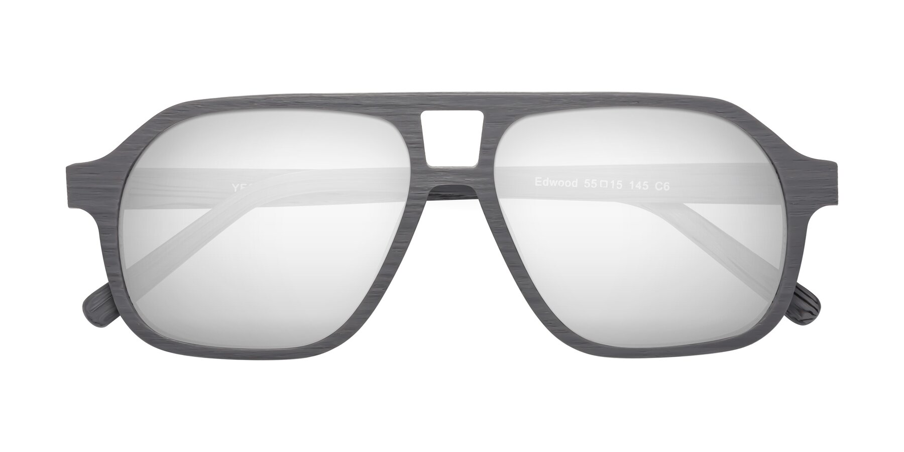 Folded Front of Edwood in Cement Woodgrain with Silver Mirrored Lenses