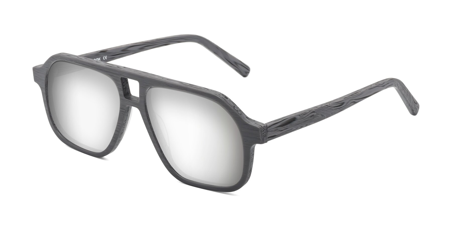 Angle of Edwood in Cement Woodgrain with Silver Mirrored Lenses