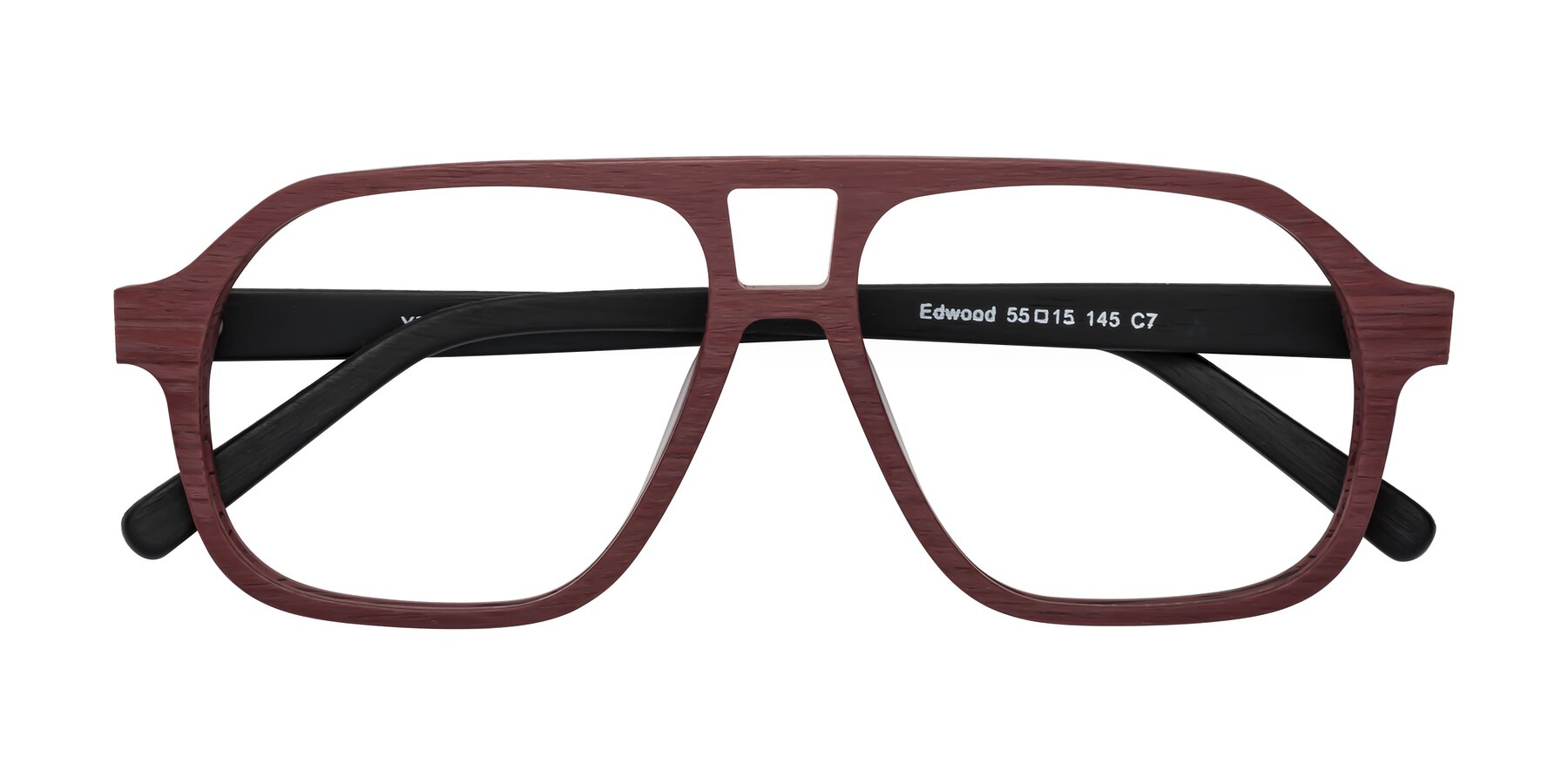 Folded Front of Edwood in Burgundy-Black Woodgrain with Clear Reading Eyeglass Lenses