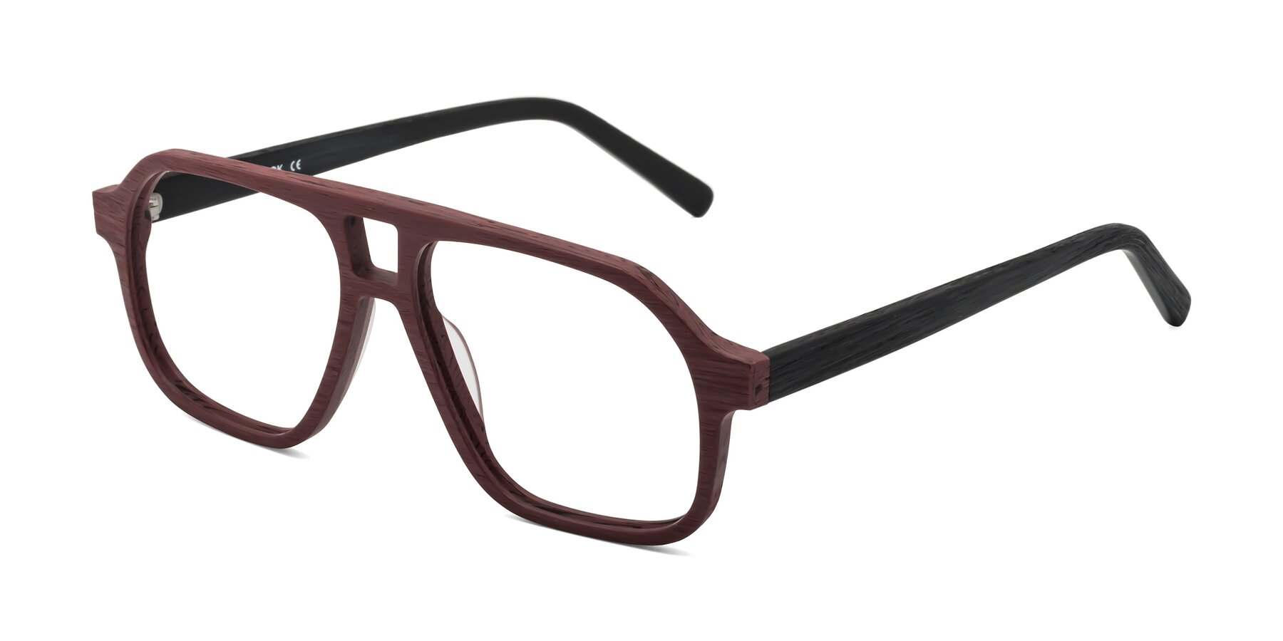 Angle of Edwood in Burgundy-Black Woodgrain with Clear Reading Eyeglass Lenses