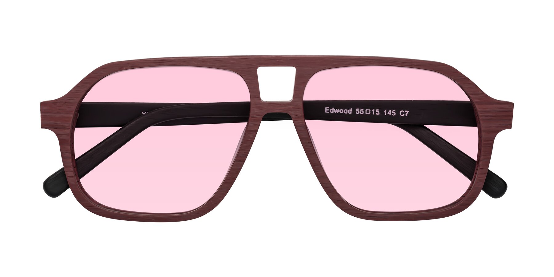 Folded Front of Edwood in Burgundy-Black Woodgrain with Light Pink Tinted Lenses