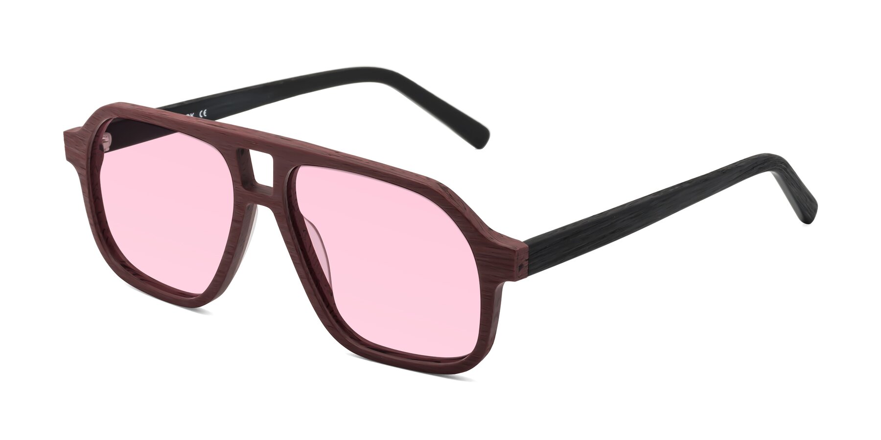 Angle of Edwood in Burgundy-Black Woodgrain with Light Pink Tinted Lenses