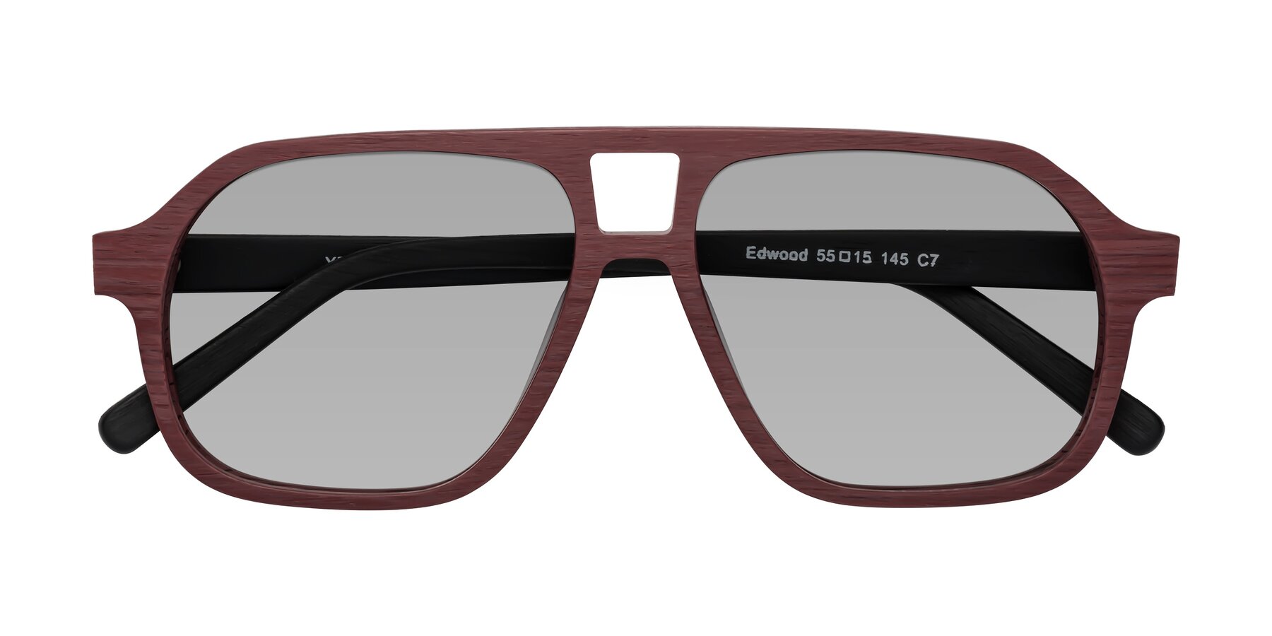 Folded Front of Edwood in Burgundy-Black Woodgrain with Light Gray Tinted Lenses