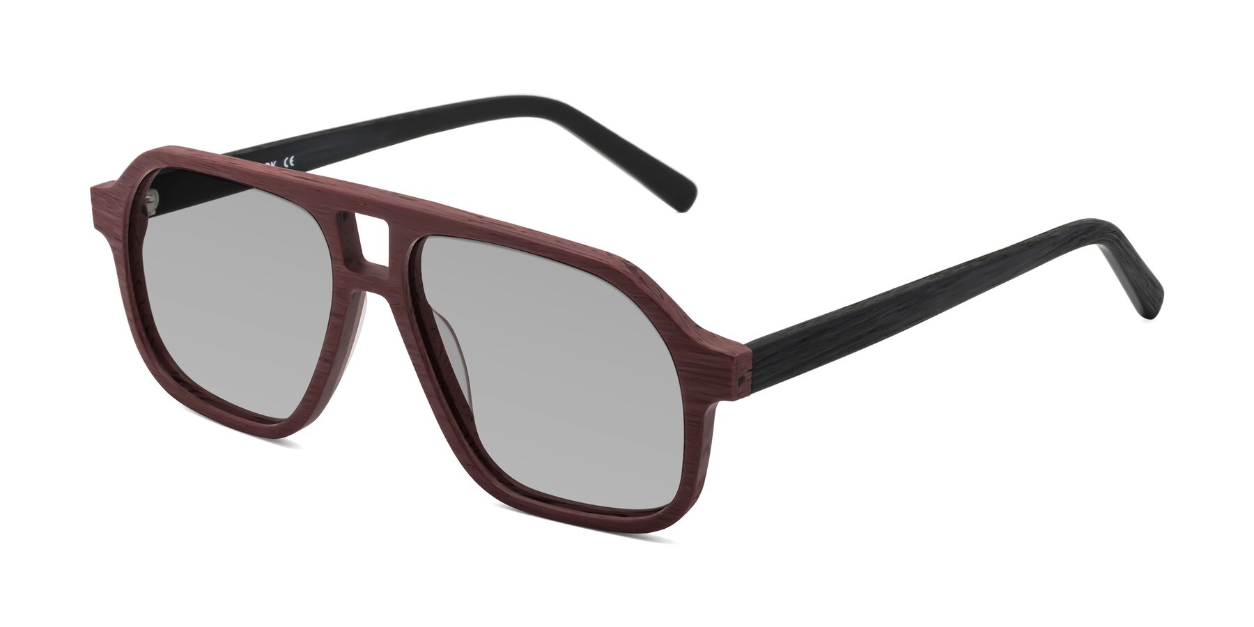 Angle of Edwood in Burgundy-Black Woodgrain with Light Gray Tinted Lenses