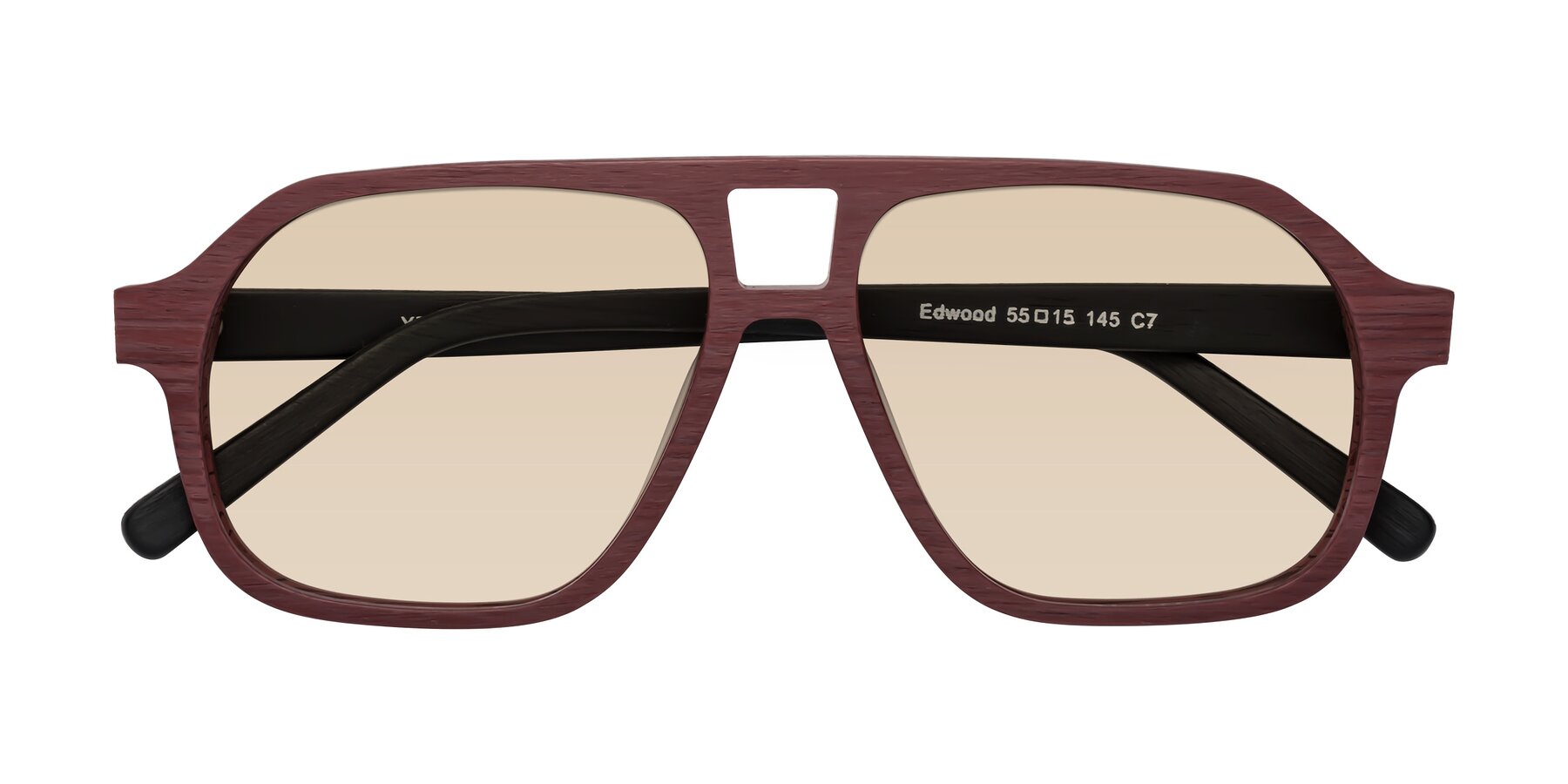 Folded Front of Edwood in Burgundy-Black Woodgrain with Light Brown Tinted Lenses