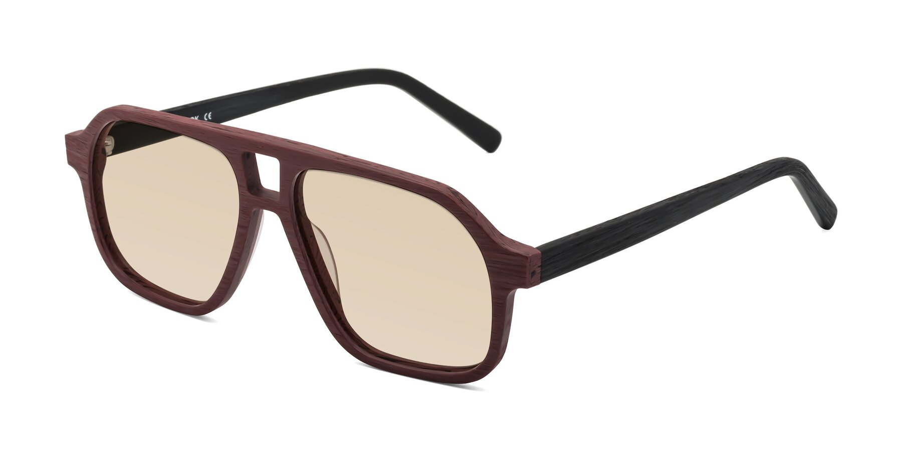 Angle of Edwood in Burgundy-Black Woodgrain with Light Brown Tinted Lenses