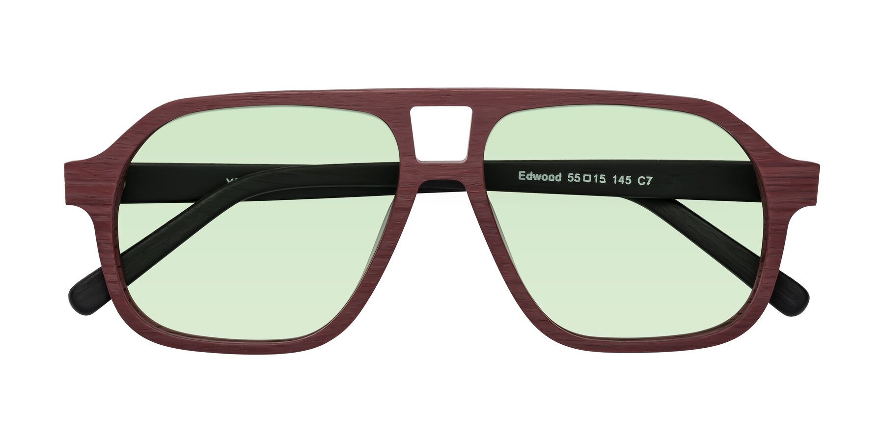 Folded Front of Edwood in Burgundy-Black Woodgrain with Light Green Tinted Lenses