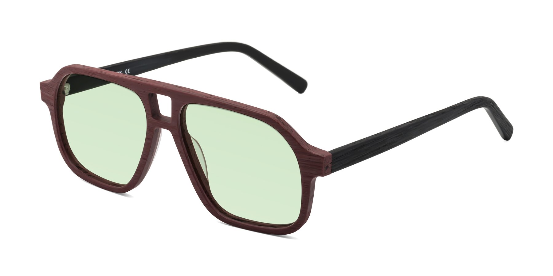 Angle of Edwood in Burgundy-Black Woodgrain with Light Green Tinted Lenses