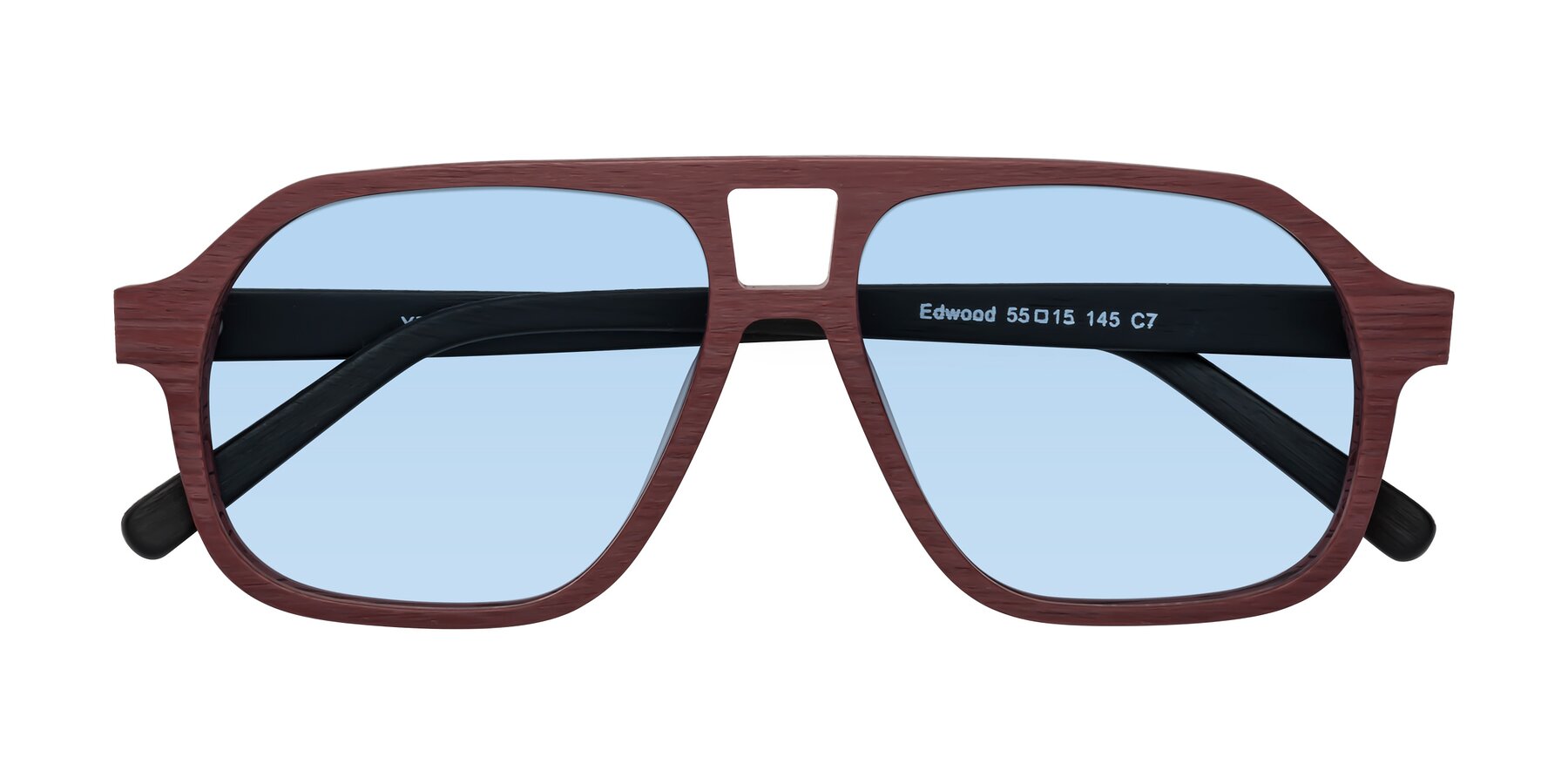 Folded Front of Edwood in Burgundy-Black Woodgrain with Light Blue Tinted Lenses