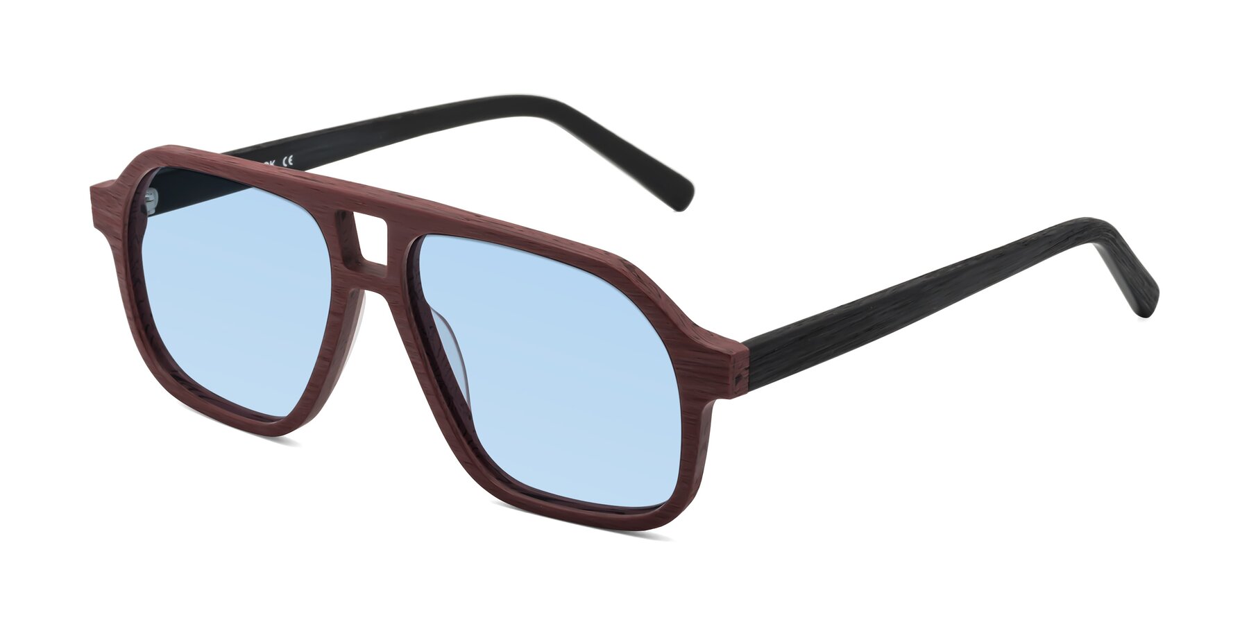 Angle of Edwood in Burgundy-Black Woodgrain with Light Blue Tinted Lenses