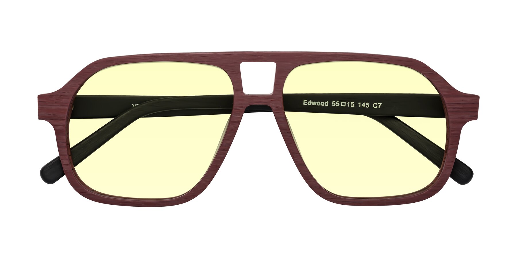 Folded Front of Edwood in Burgundy-Black Woodgrain with Light Yellow Tinted Lenses