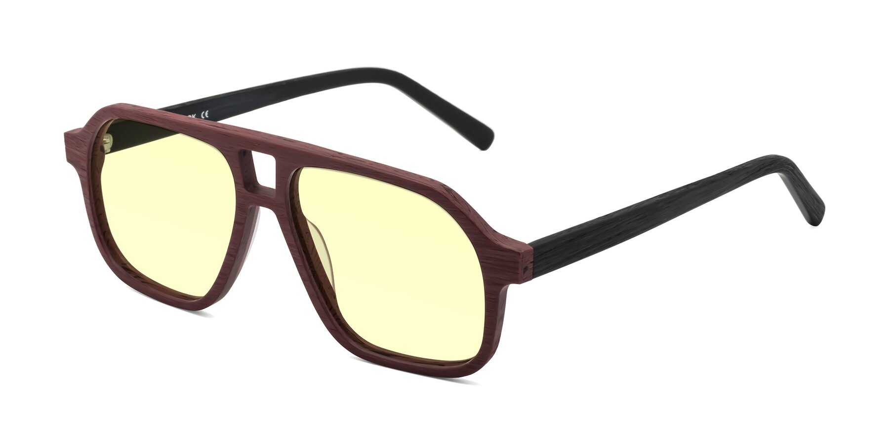 Angle of Edwood in Burgundy-Black Woodgrain with Light Yellow Tinted Lenses