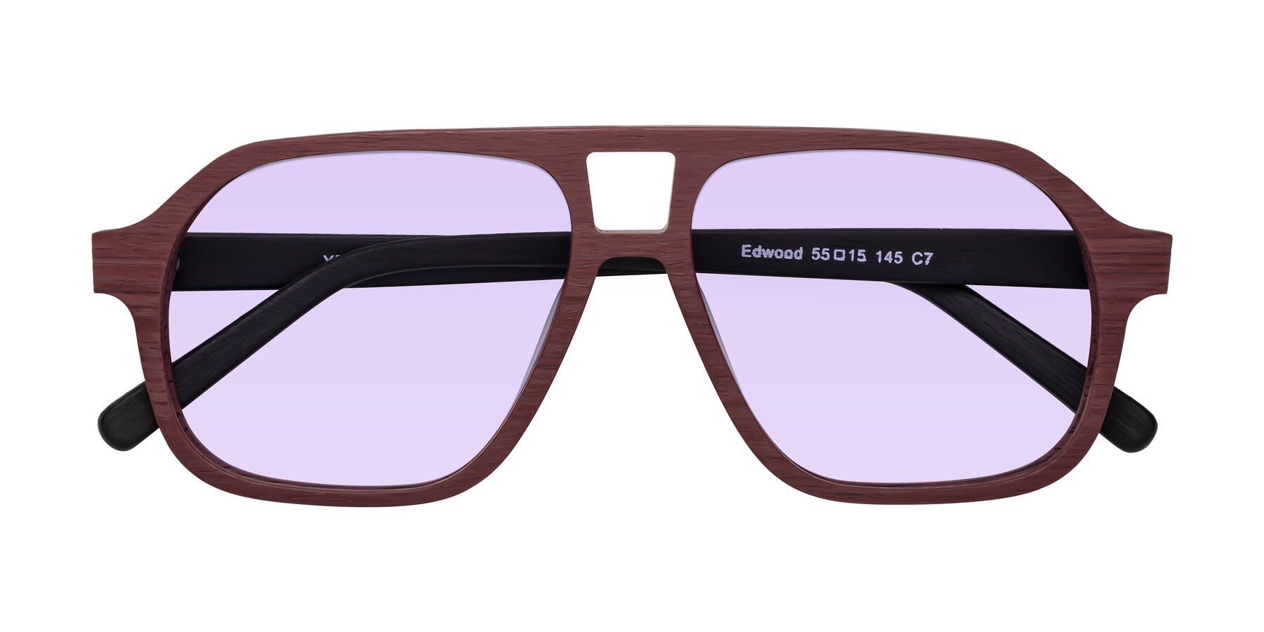 Folded Front of Edwood in Burgundy-Black Woodgrain with Light Purple Tinted Lenses