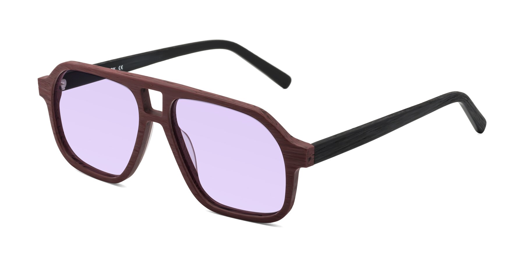 Angle of Edwood in Burgundy-Black Woodgrain with Light Purple Tinted Lenses