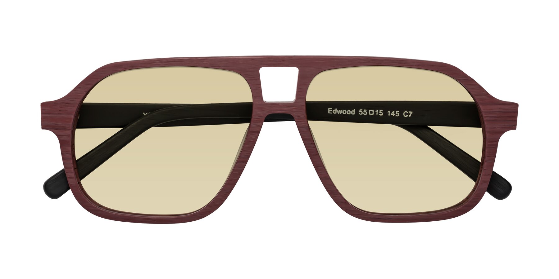 Folded Front of Edwood in Burgundy-Black Woodgrain with Light Champagne Tinted Lenses