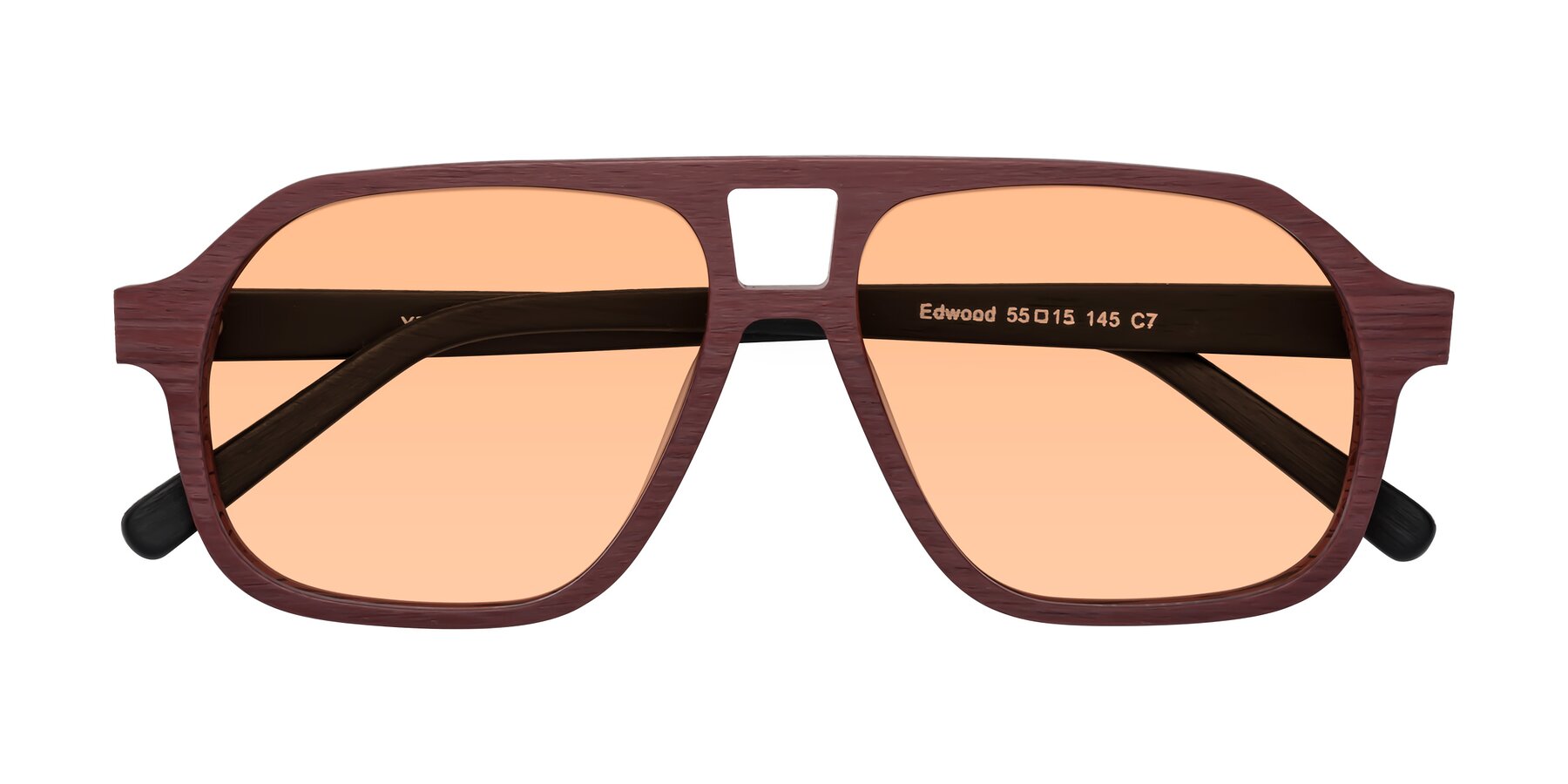 Folded Front of Edwood in Burgundy-Black Woodgrain with Light Orange Tinted Lenses