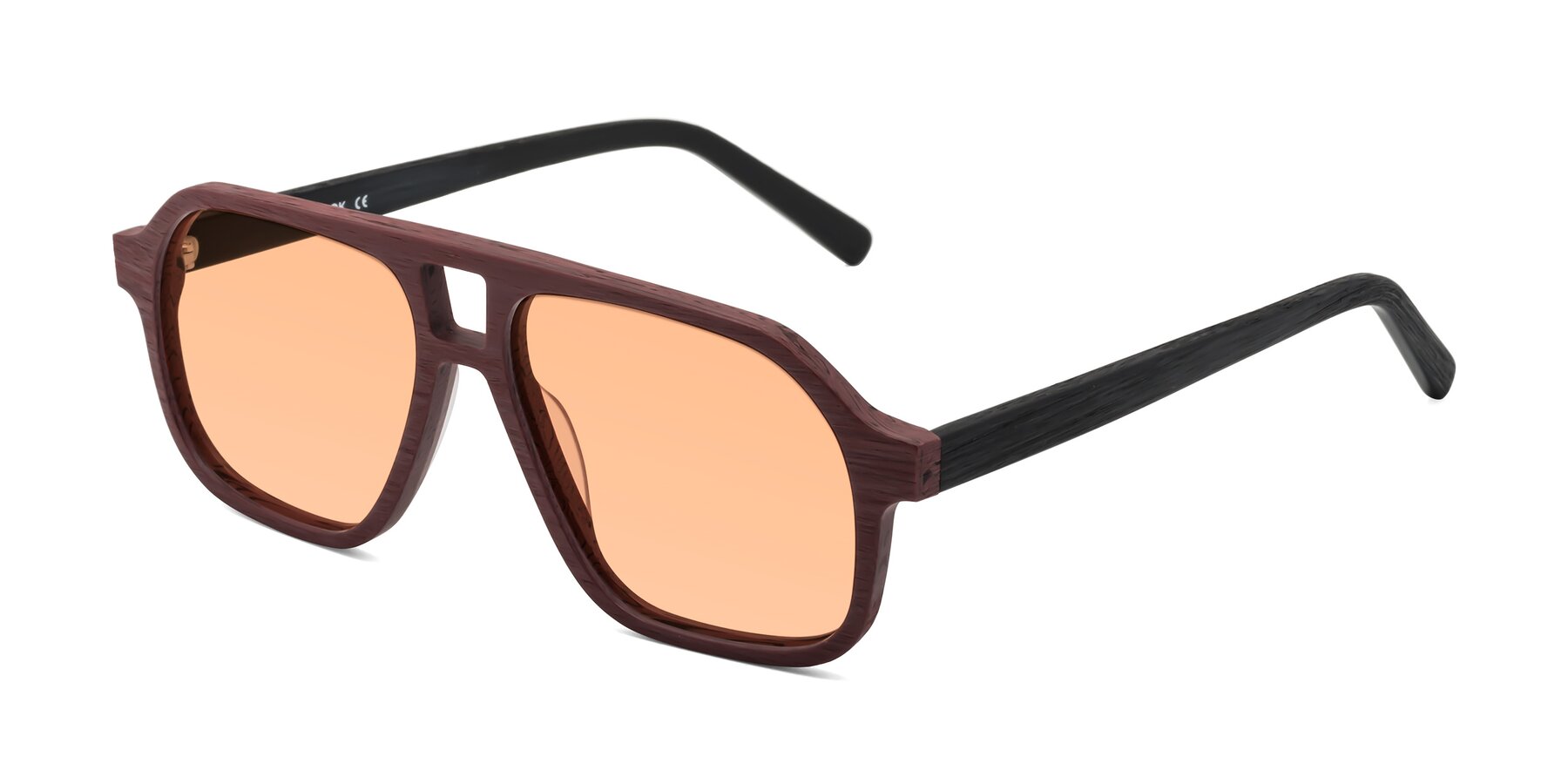 Angle of Edwood in Burgundy-Black Woodgrain with Light Orange Tinted Lenses