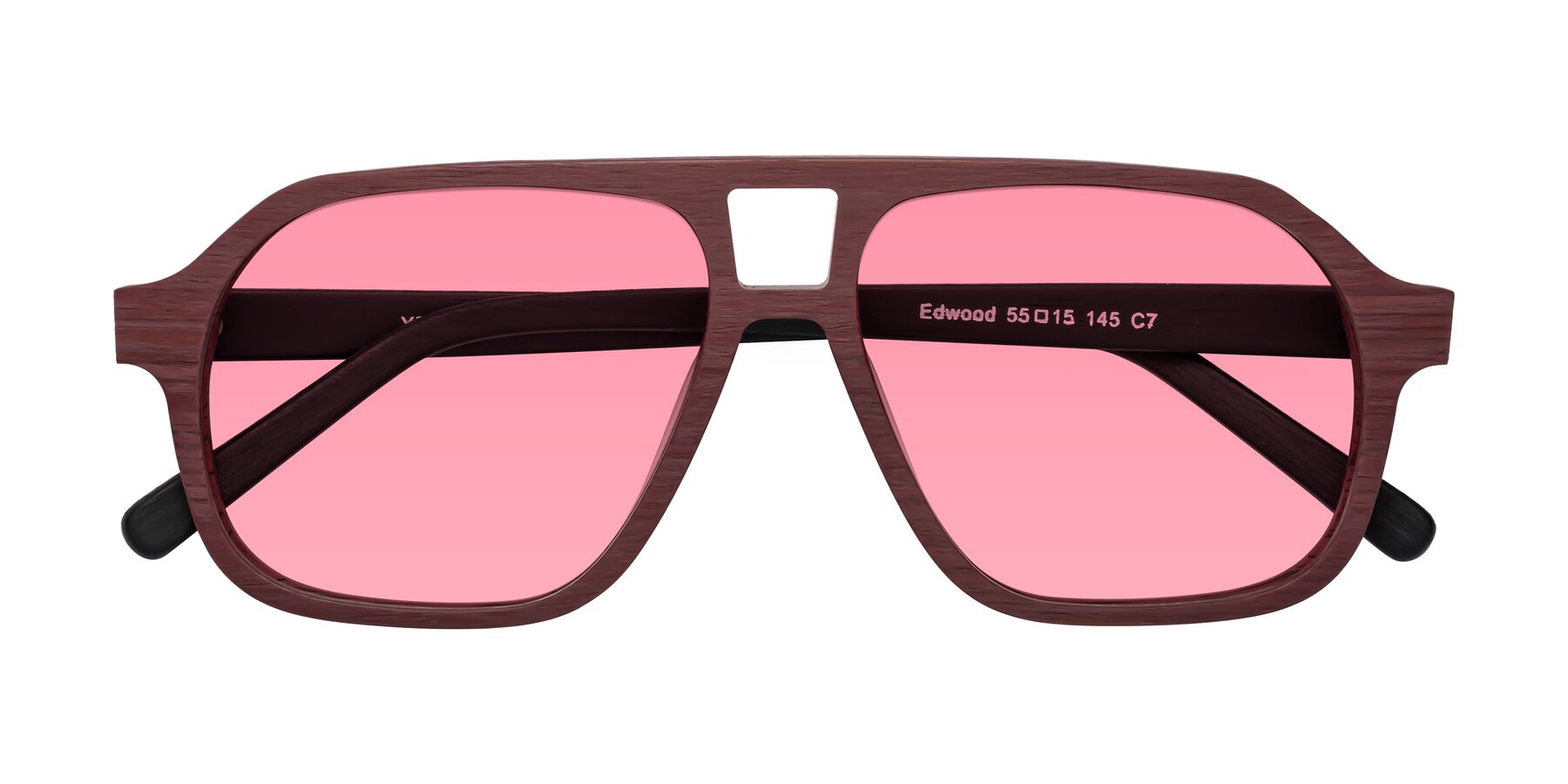 Folded Front of Edwood in Burgundy-Black Woodgrain with Pink Tinted Lenses