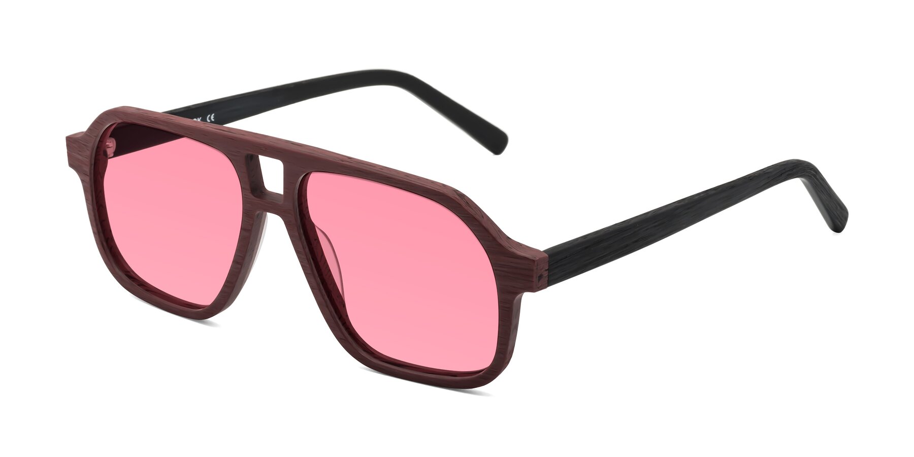 Angle of Edwood in Burgundy-Black Woodgrain with Pink Tinted Lenses