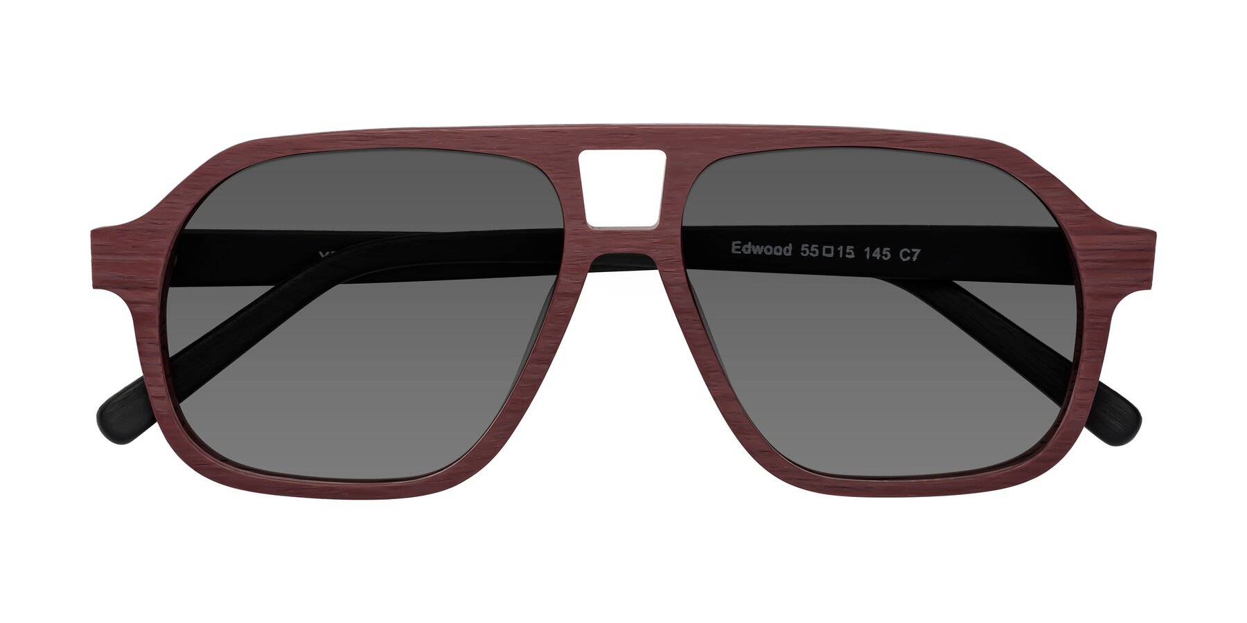 Folded Front of Edwood in Burgundy-Black Woodgrain with Medium Gray Tinted Lenses