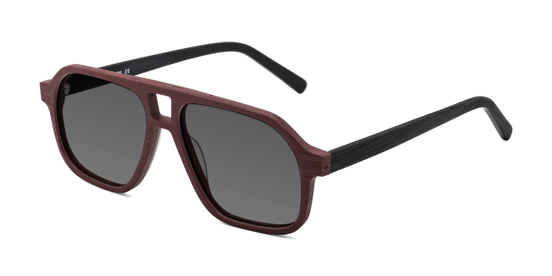 Angle of Edwood in Burgundy-Black Woodgrain with Medium Gray Tinted Lenses