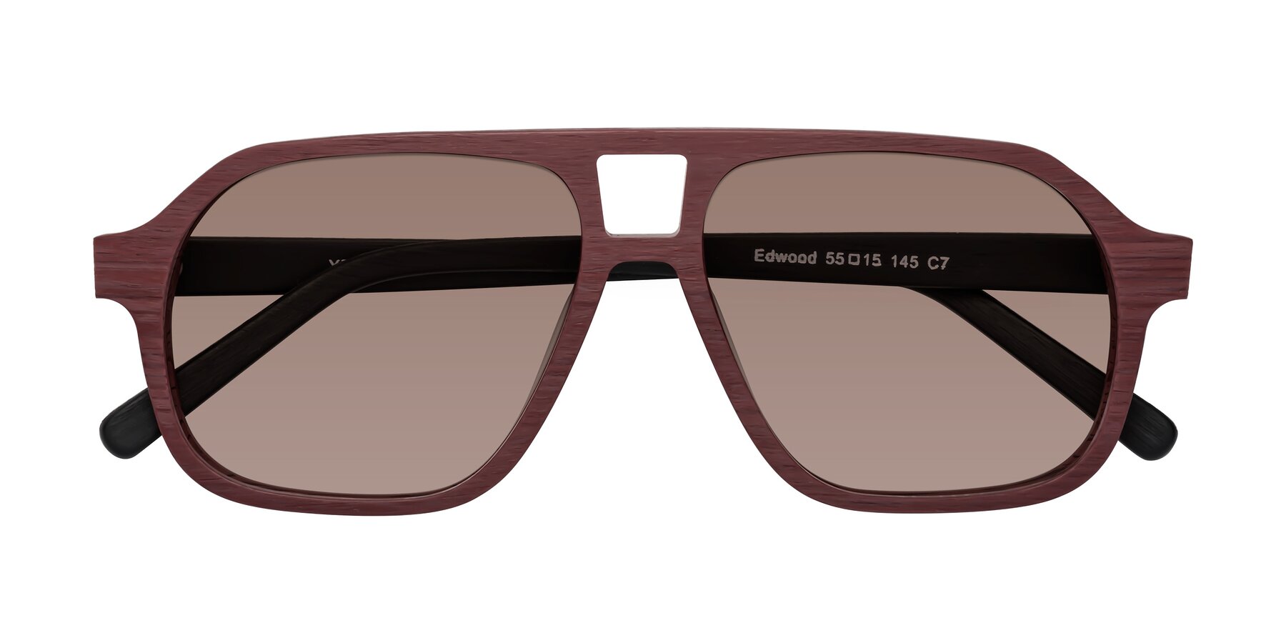 Folded Front of Edwood in Burgundy-Black Woodgrain with Medium Brown Tinted Lenses