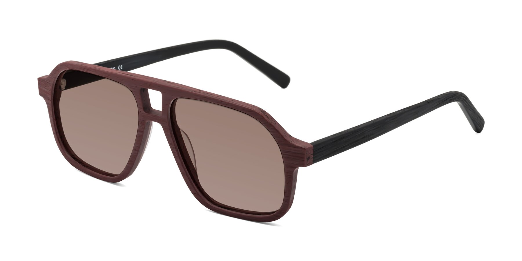 Angle of Edwood in Burgundy-Black Woodgrain with Medium Brown Tinted Lenses