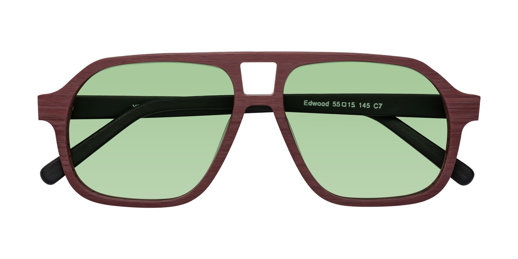 Folded Front of Edwood in Burgundy-Black Woodgrain with Medium Green Tinted Lenses