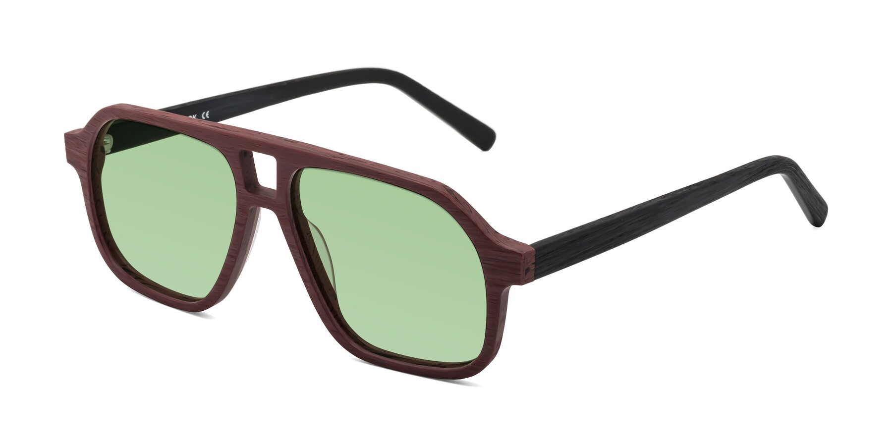 Angle of Edwood in Burgundy-Black Woodgrain with Medium Green Tinted Lenses